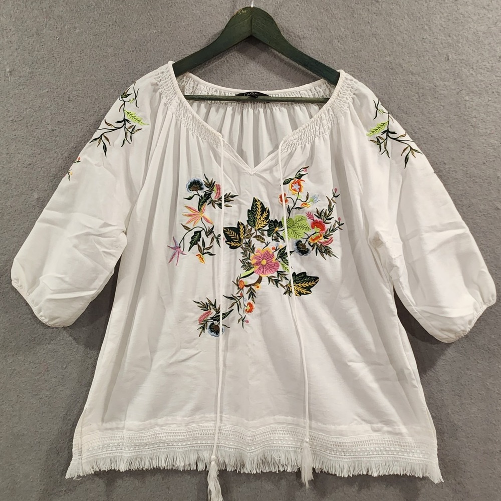 Calessa Floral Embroidered 3/4 Balloon Sleeve Tunic Top XL Boho Colorful Tassled